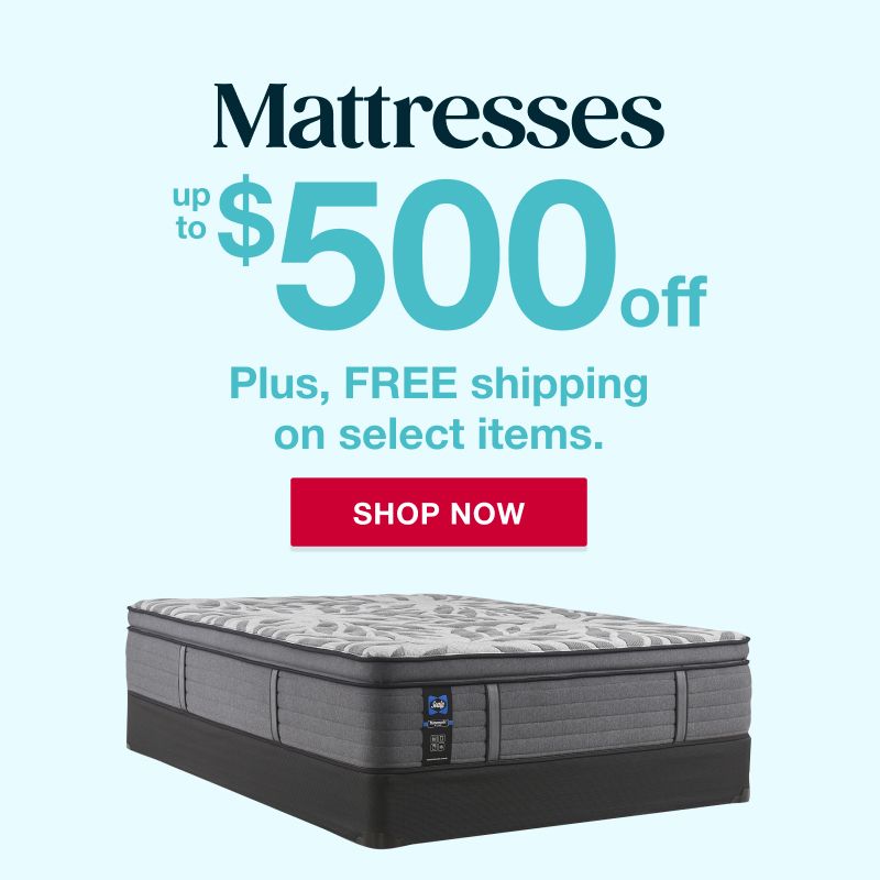 Text: Mattresses. Up to $500 off. Click to shop now