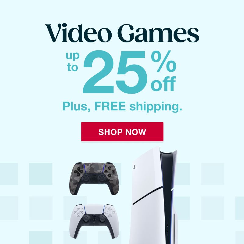 Text: Video games. Up to 25% off. Click to shop now