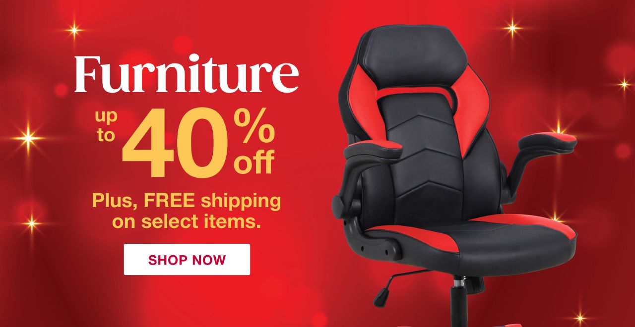 Text: Furniture. Up to 40% off plus free shipping on select items. Click to shop now