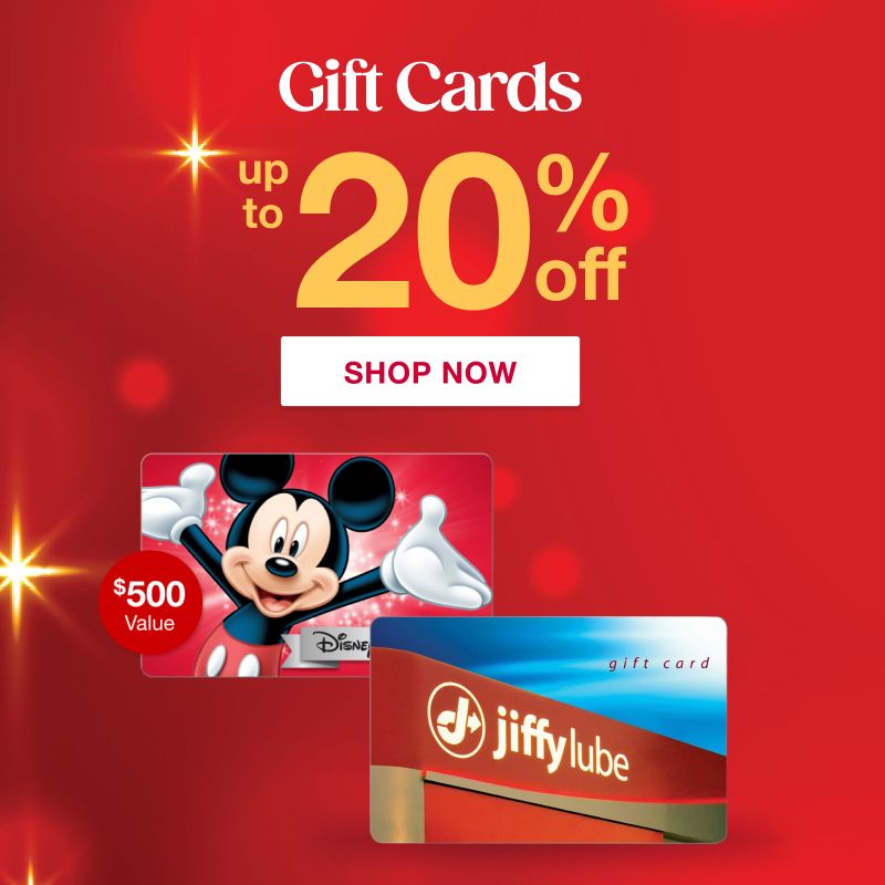 Text: Gift Cards. Up to 10% off. Click to shop now