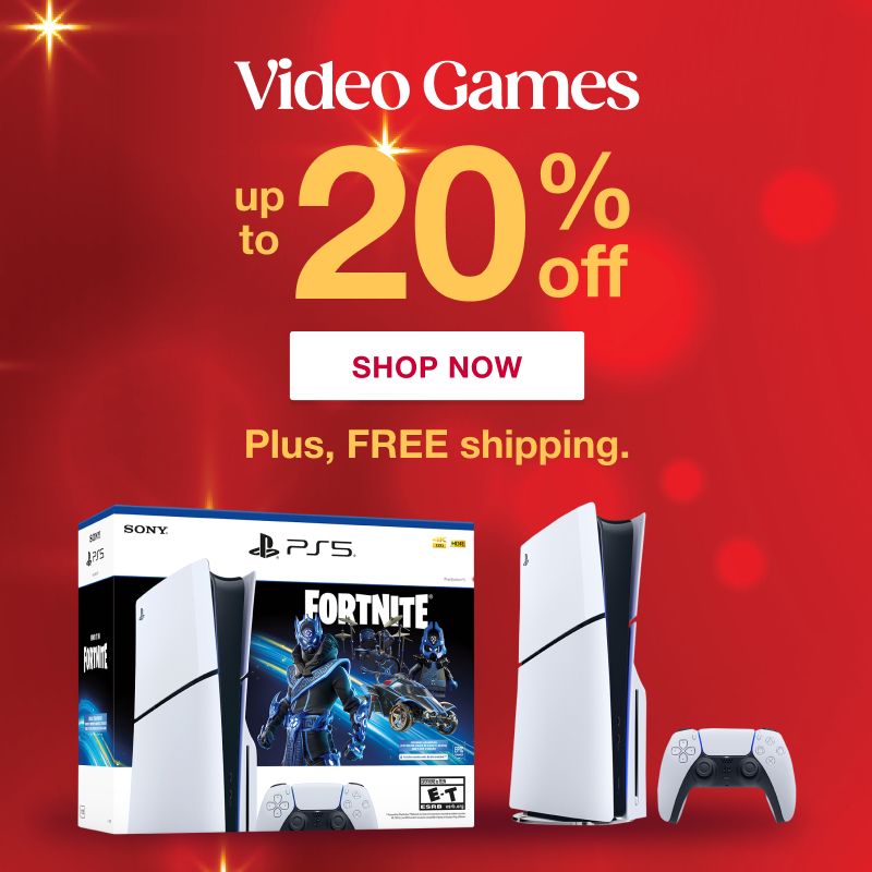 Text: Video games. Up to 25% off. Click to shop now