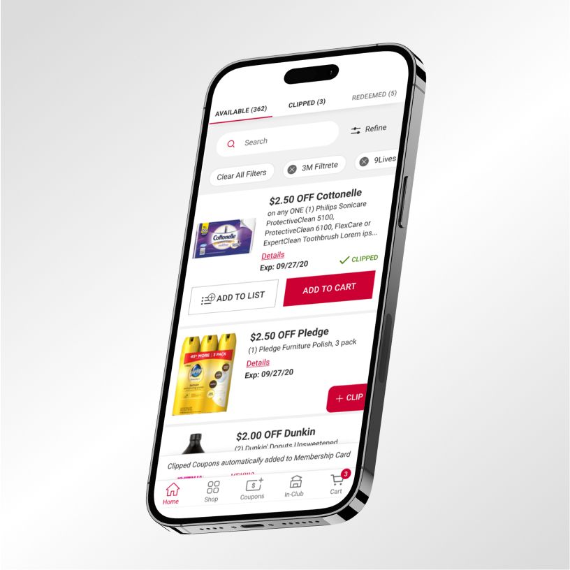 An iPhone displaying available coupons from the BJ's app, angled slightly to the left and up of center