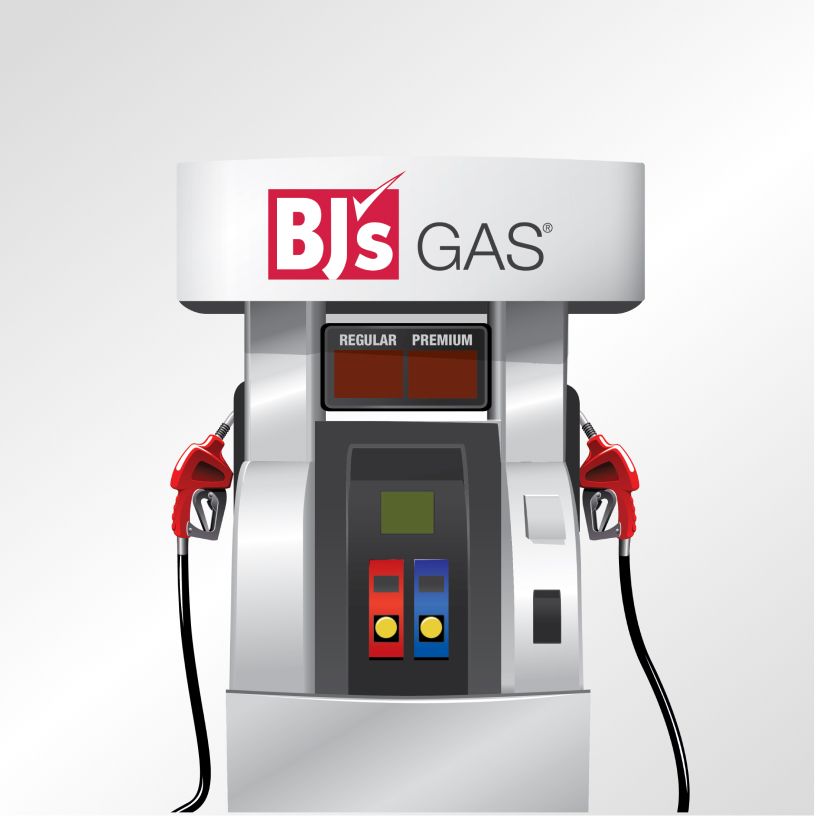 A gas pump with two nozzles and the logo BJ's Gas