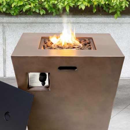 A light-brown, flat sided propane fire pit