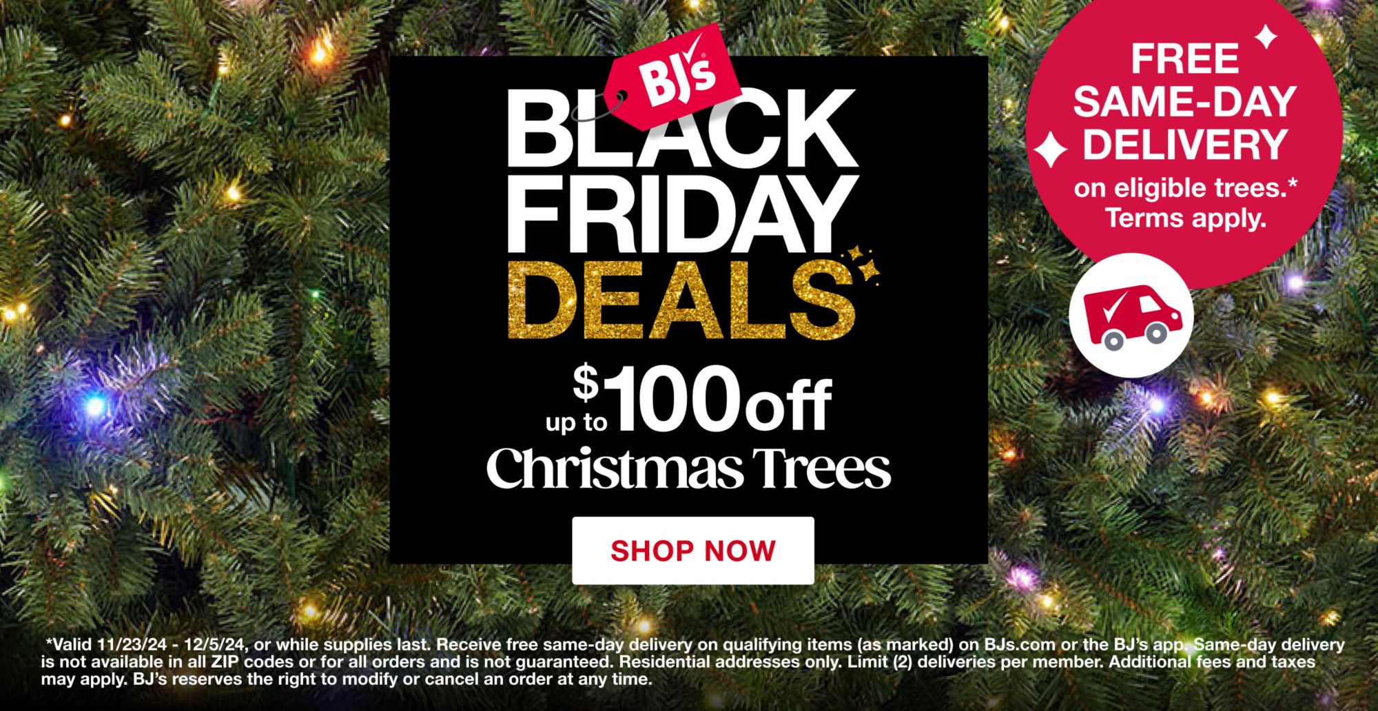 Text: Black Friday Deals. Up to $100 off Christmas trees. Click to shop now