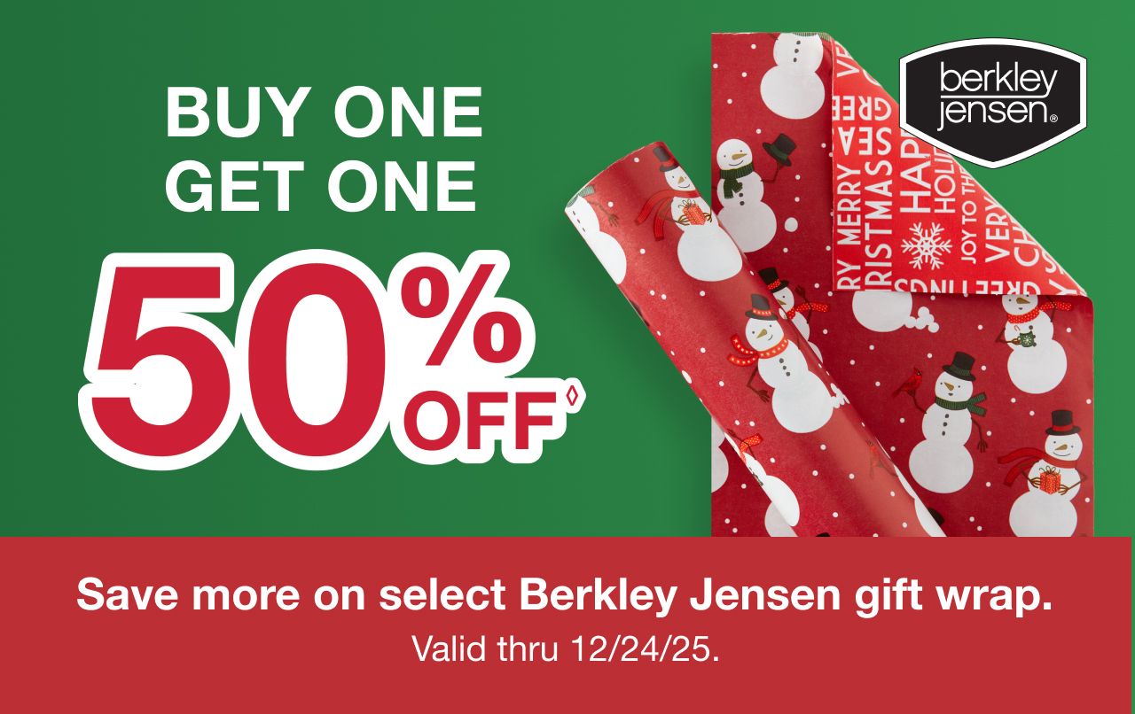 BOGO 50% off select Berkley Jensen wrapping paper and gift wrap. Valid thru 12/24.