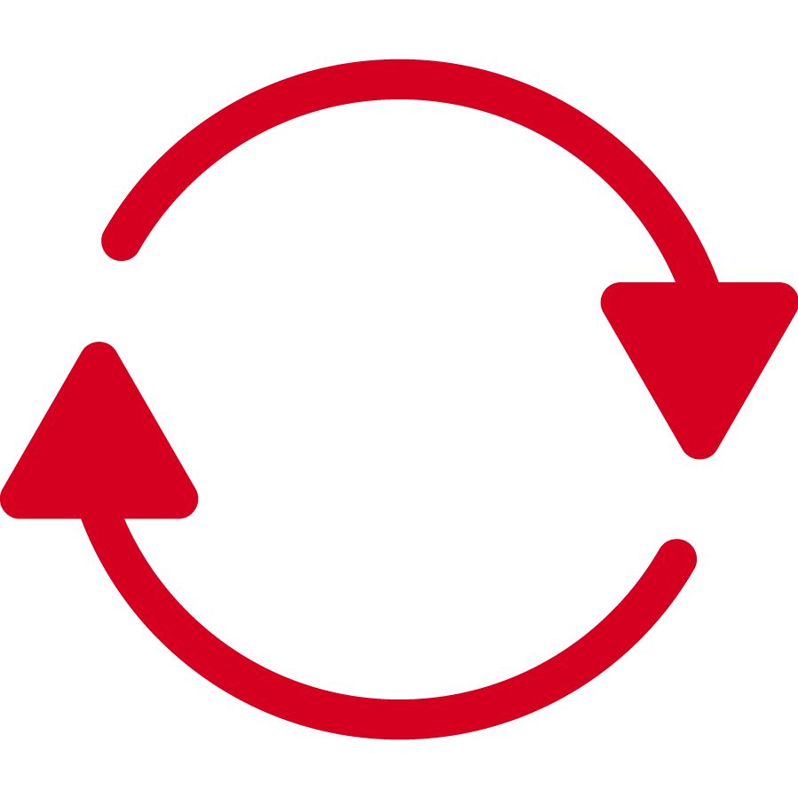 A red cycle repeating icon over a white circle