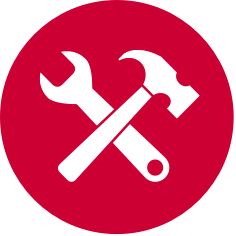 White Diagonally Crossed Wrench and Hammer on Red Circle