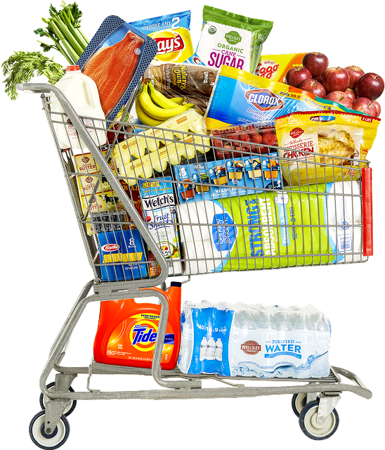 A BJ's grocery cart overflowing with groceries