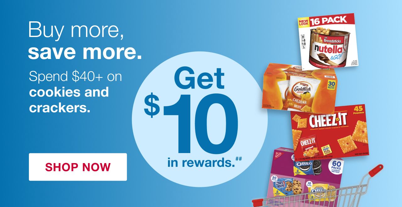 Receive a $10 reward when you spend $40+ on cookies and crackers (as marked) in one transaction, after discounts and before taxes, in-club or on BJs.com between 9/5/25 – 9/14/25
