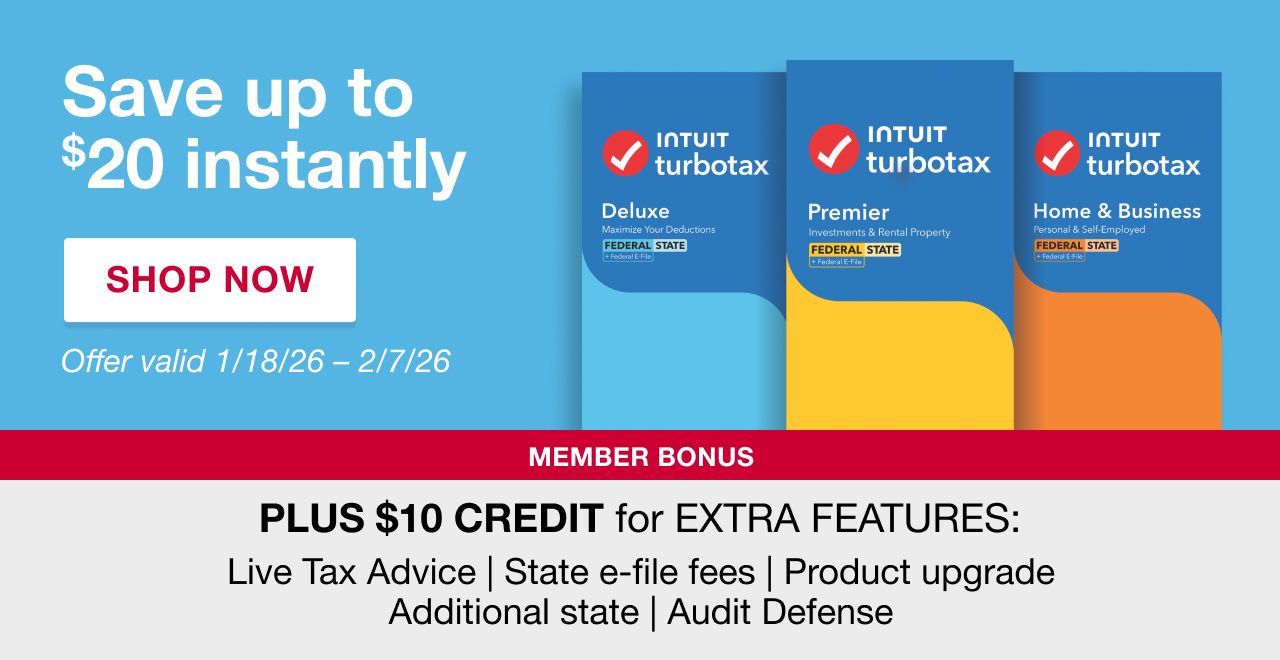 Save $20 instantly on TurboTax. Plus $10 member bonus credit for extra features. Valid 1/18/26 thru 2/6/26. Shop Now 
