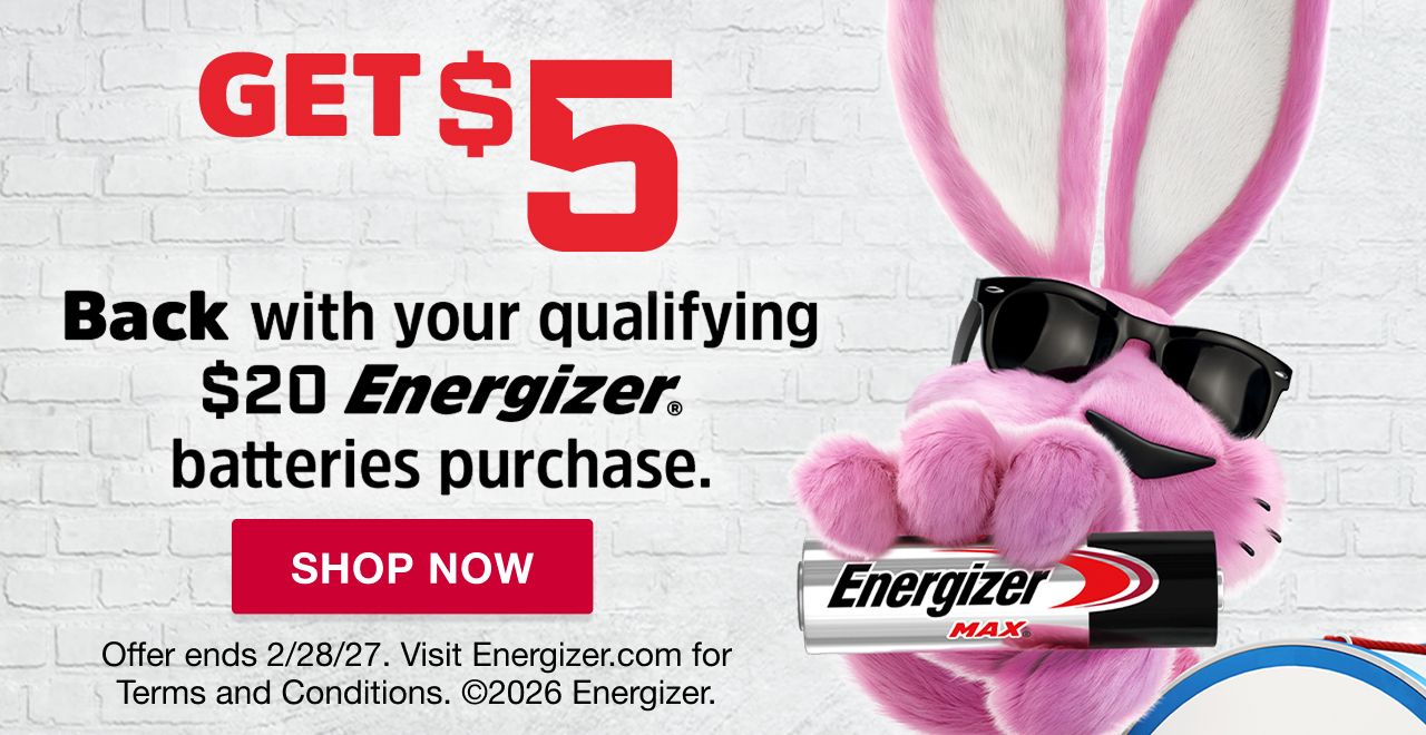 Get $5 back with your qualifying $20 Energizer batteries purchase. Offer ends 2/28/27. Visit Energizer.com for Terms and Conditions. SHOP NOW
