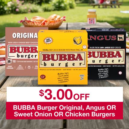 $3.00 off BUBBA Burger Original, Angus OR Sweet Onion OR Chicken Burgers
