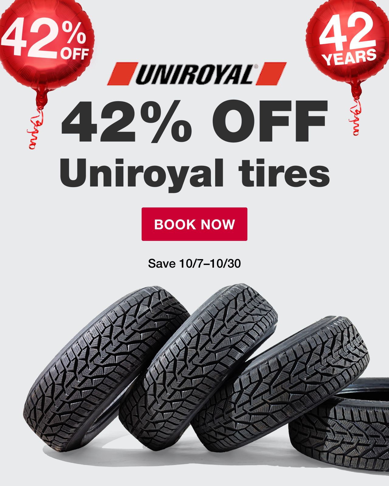 BJ's Tires. 42% off uniroyal tires. Save 10/7 to 10/30. Terms and conditions apply. See site for details. Book now